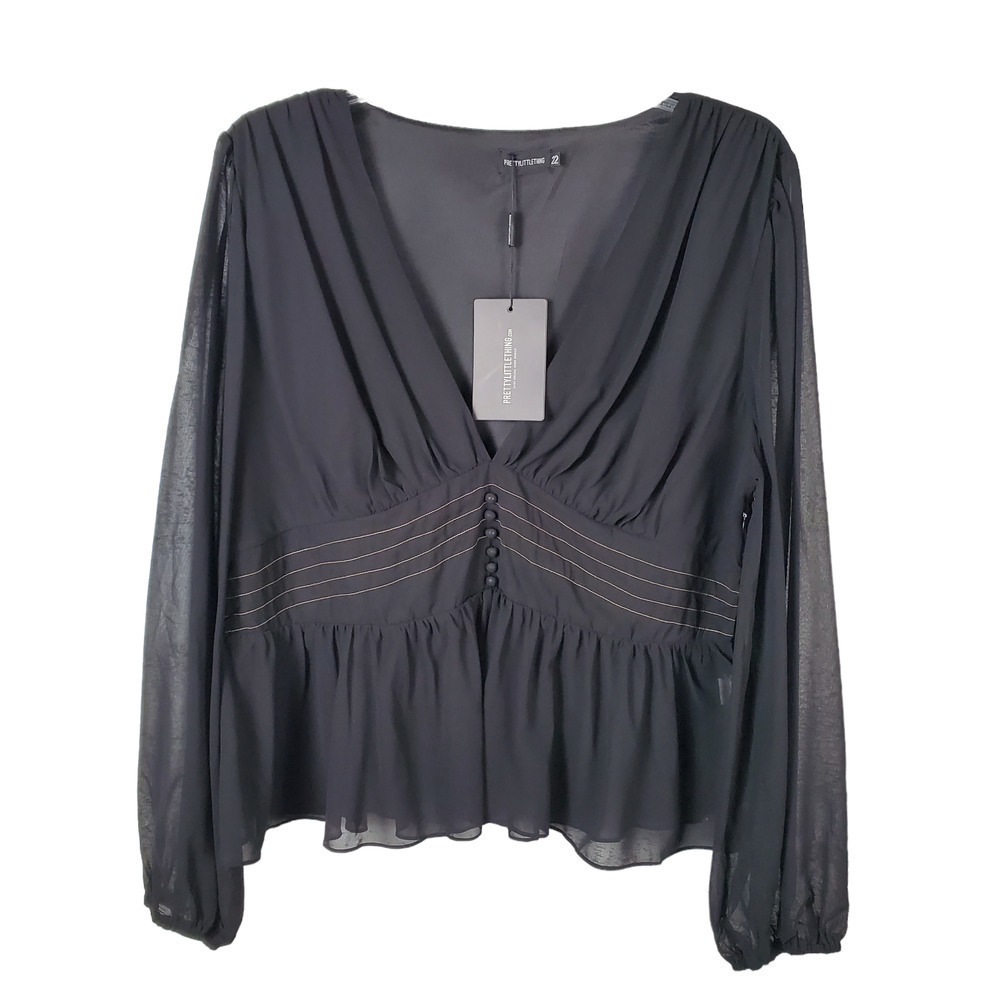 Pretty Little Thing Plus Black Woven Peplum Stictch Blouse Size 22 Whimsygoth